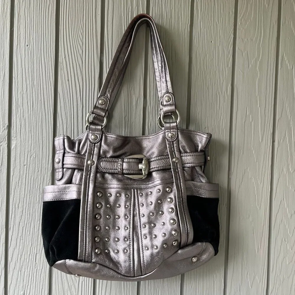 B Makowsky Gunmetal Leather Studded Tote Bag Y2K Moto Boho Shoulder Bag